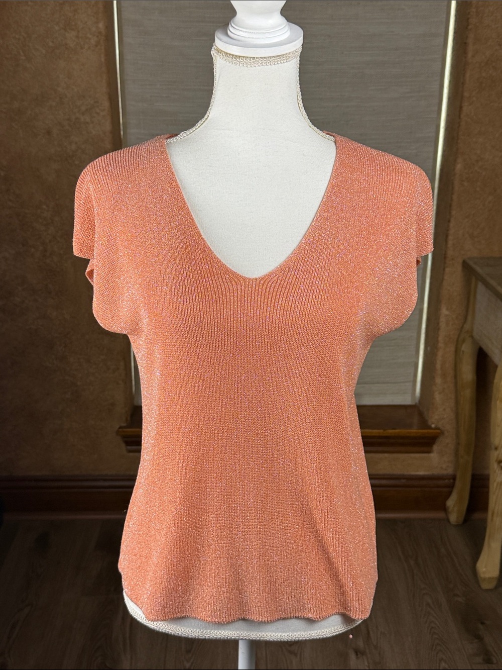 CeCe Metallic V-Neck Knit Top Dolman Sleeve V-Neck Peach Coral